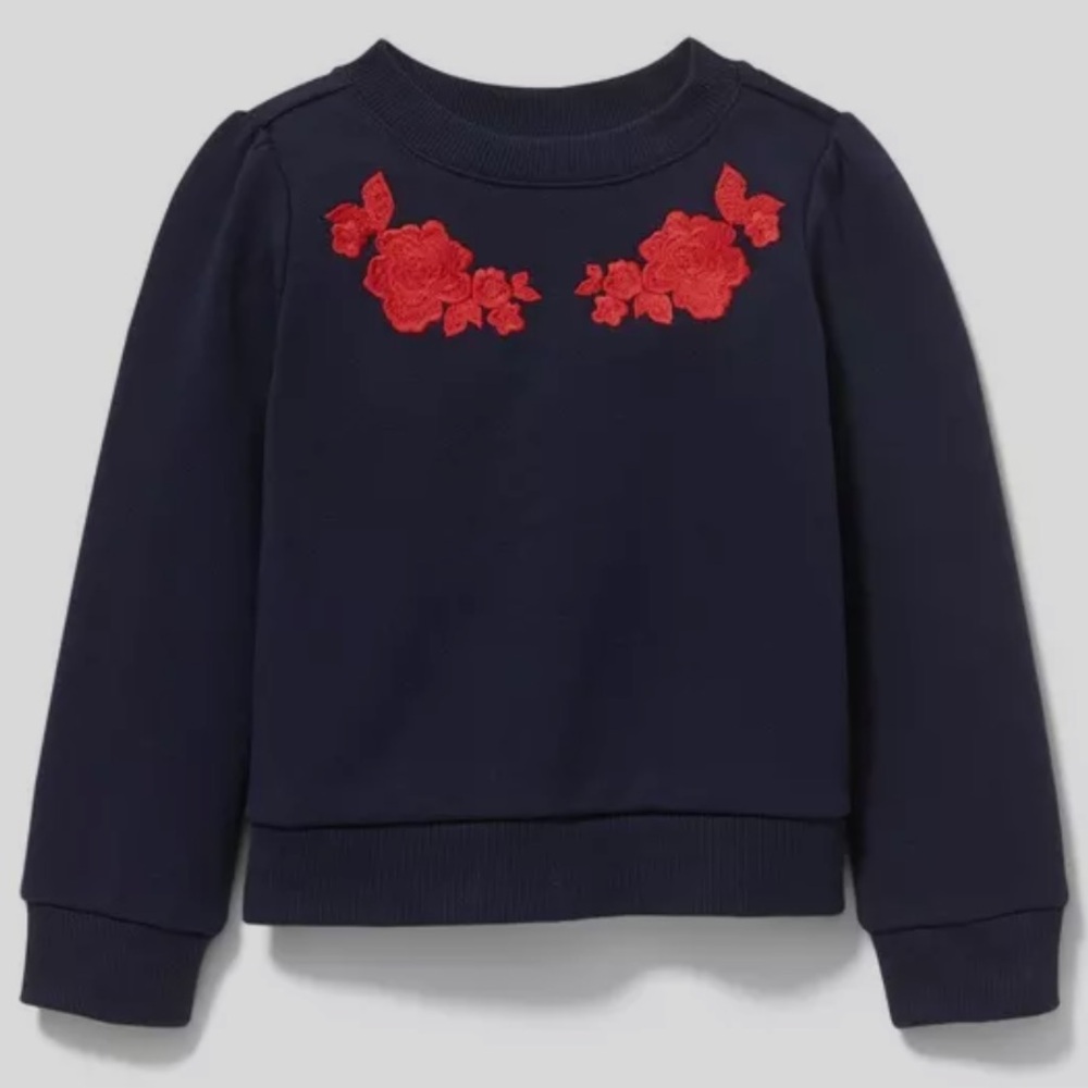 Janie and Jack Girls Navy Blue Embroidered Red Floral Crewneck Sweatshirt Size 7